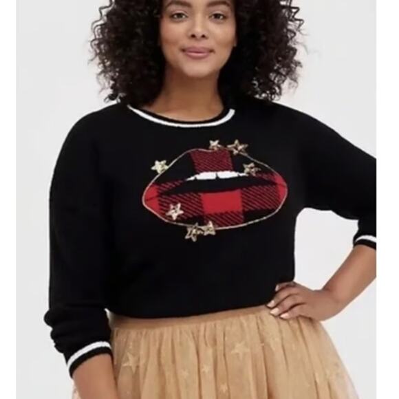 3x Torrid Sweater Black Red Plaid Star Lips Graphic Super Soft Crew Gold Sequin - Picture 1 of 7